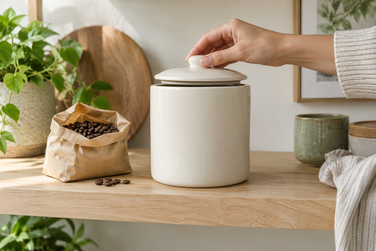 Ein lichtdichter Keramikbehälter wird zur Aufbewahrung von Kaffeebohnen geschlossen