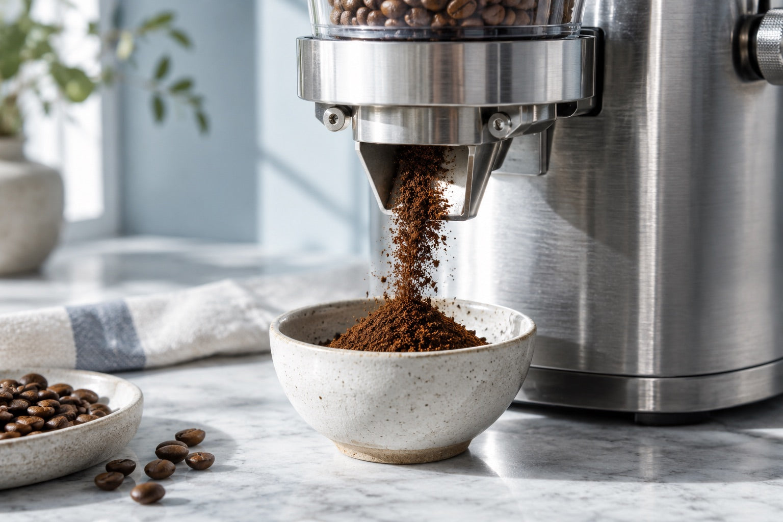 Frisch gemahlener Kaffee fällt aus einer Mühle in eine Keramikschale
