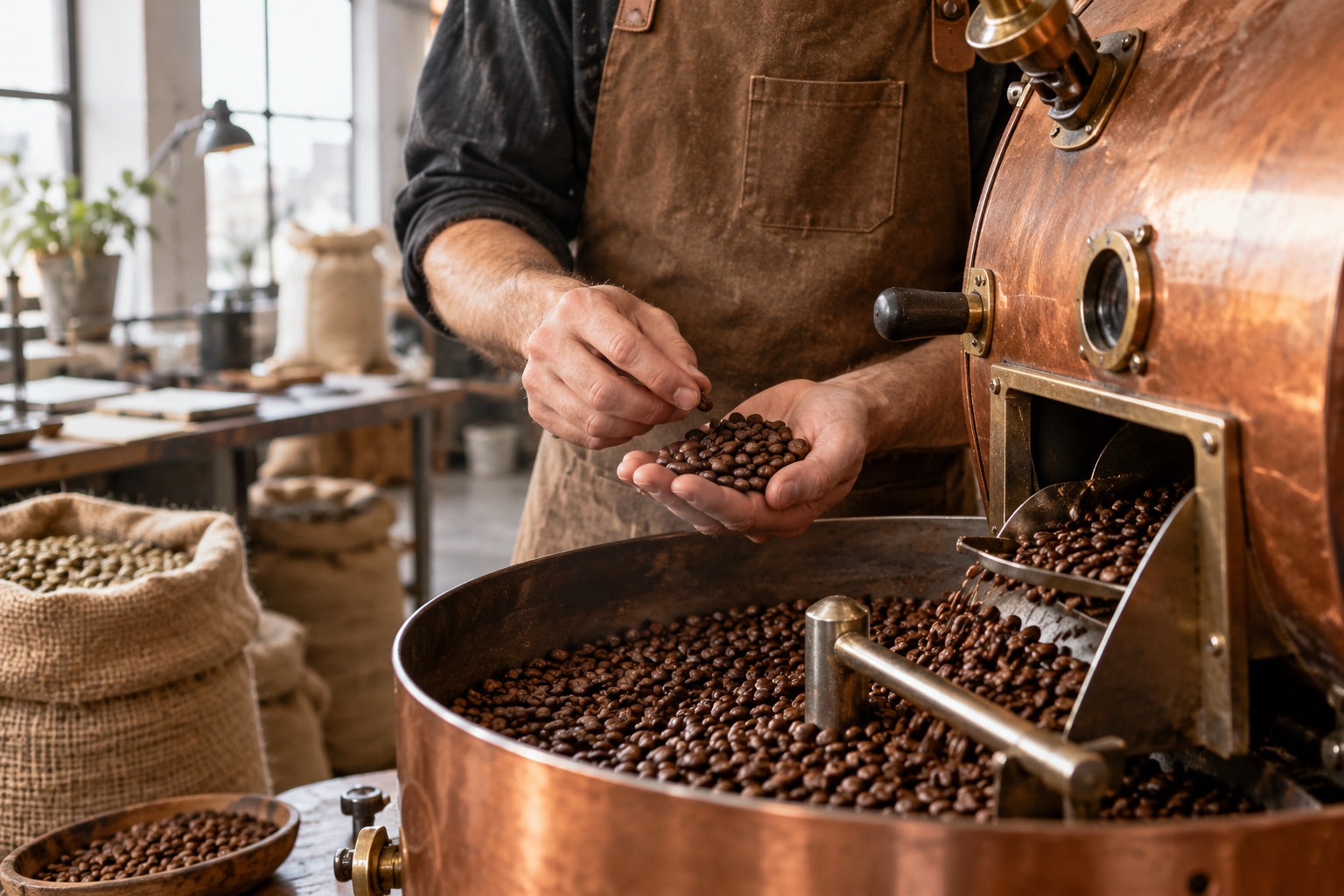 Geröstete Kaffeebohnen werden an einer Kupferröstmaschine geprüft