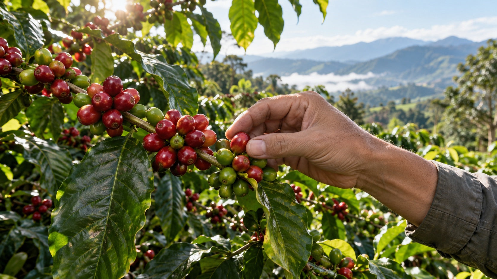 Reife Kaffeekirschen an der Pflanze werden von Hand begutachtet