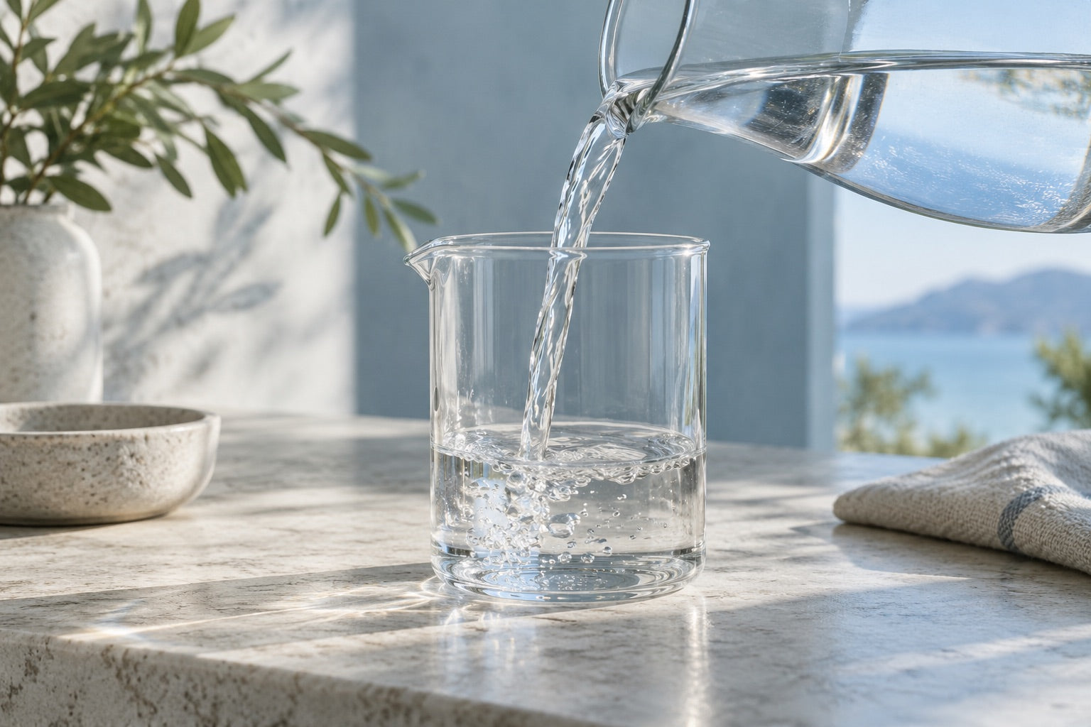 Klares Wasser wird aus einer Glaskaraffe in ein Glasgefäß gegossen