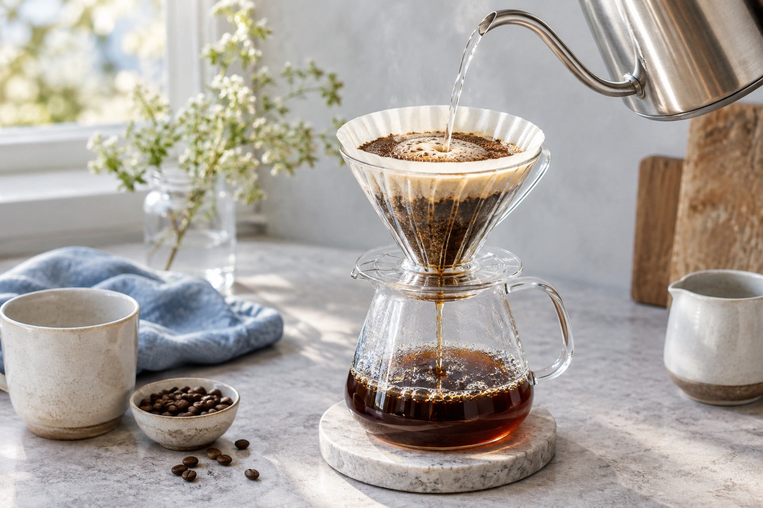 Kaffee wird mit einem Glasfilter frisch aufgegossen