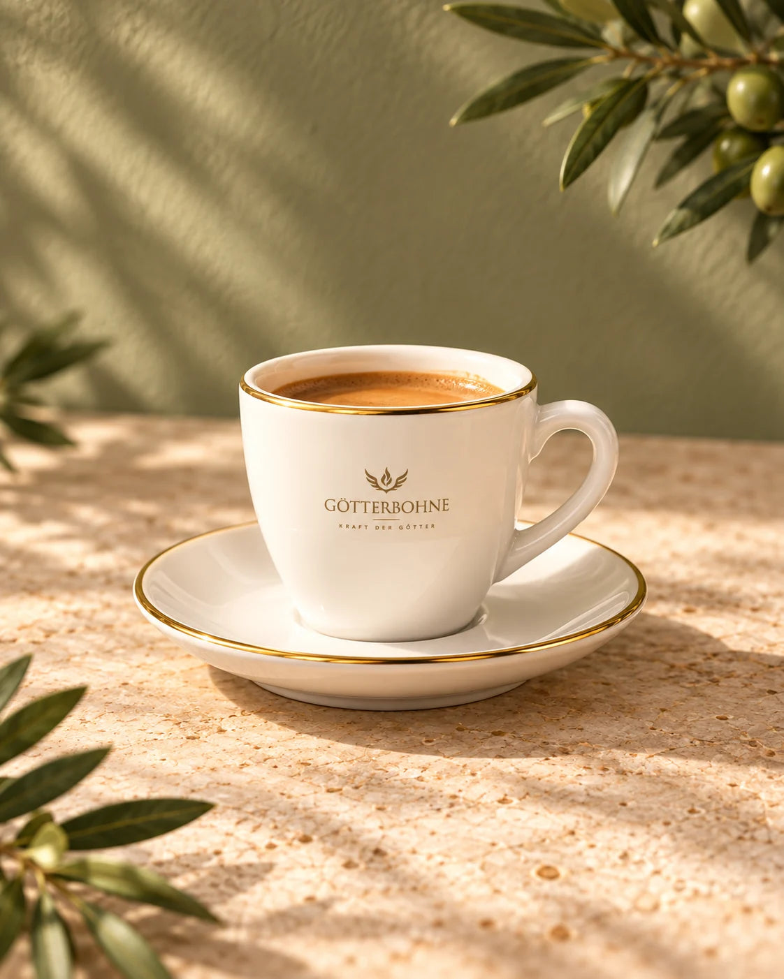 Götterbohne-Tasse mit Kaffee auf einem hellen Tisch