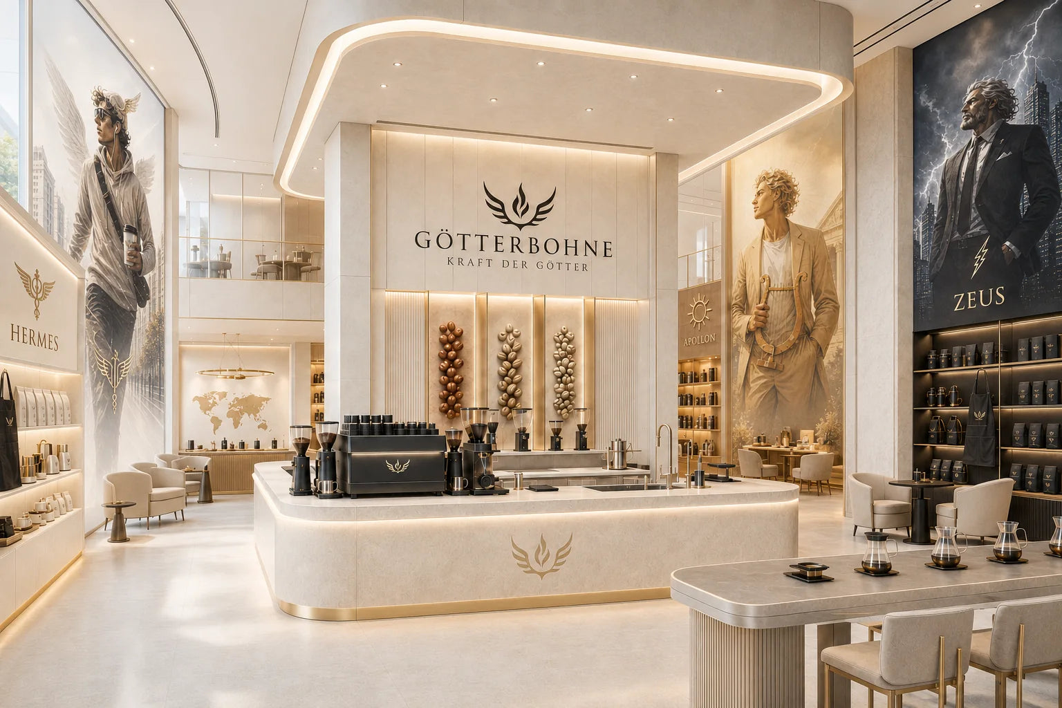 Götterbohne-Flagshipstore mit Kaffeebar und Charakterbildern