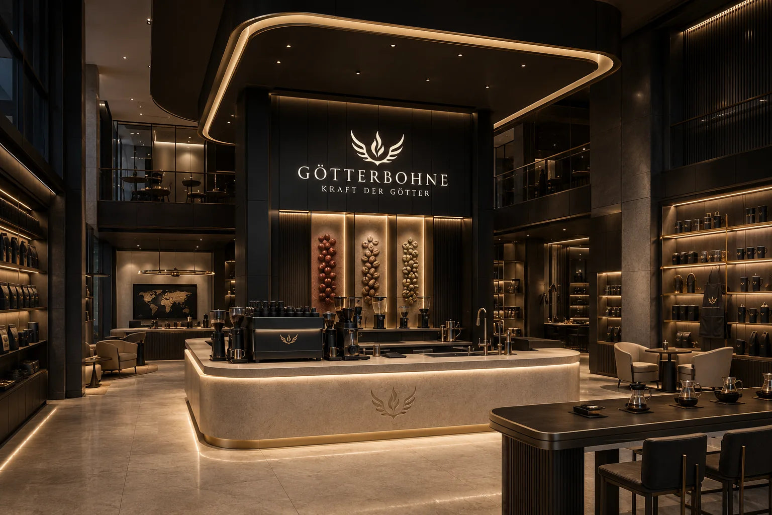 Götterbohne-Flagshipstore am Abend