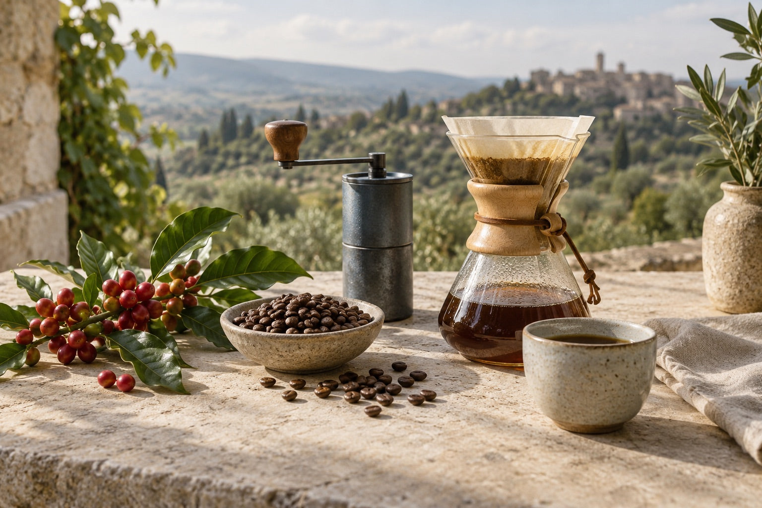 Kaffeekirschen, Röstbohnen, Mühle und frisch gebrühter Kaffee auf einem hellen Steintisch